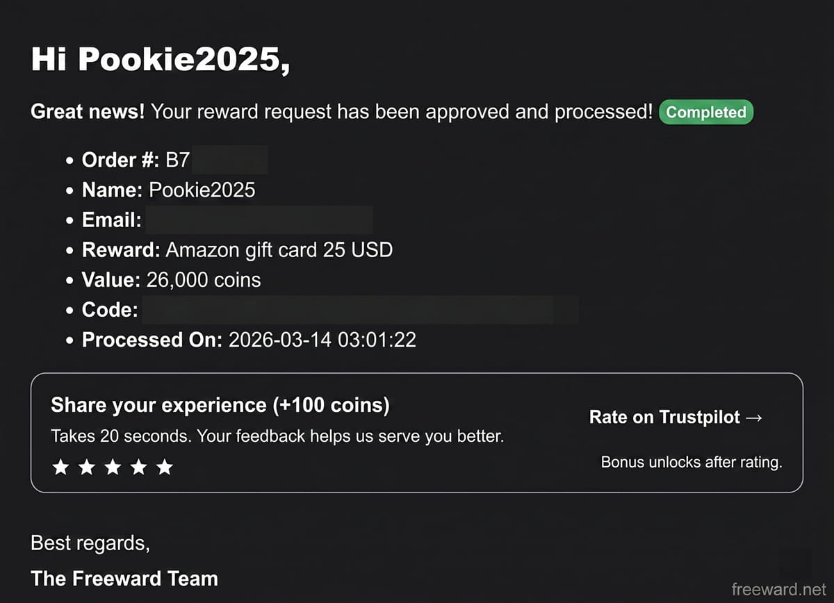 Payment sent to Pookie2025 — Amazon GC $25