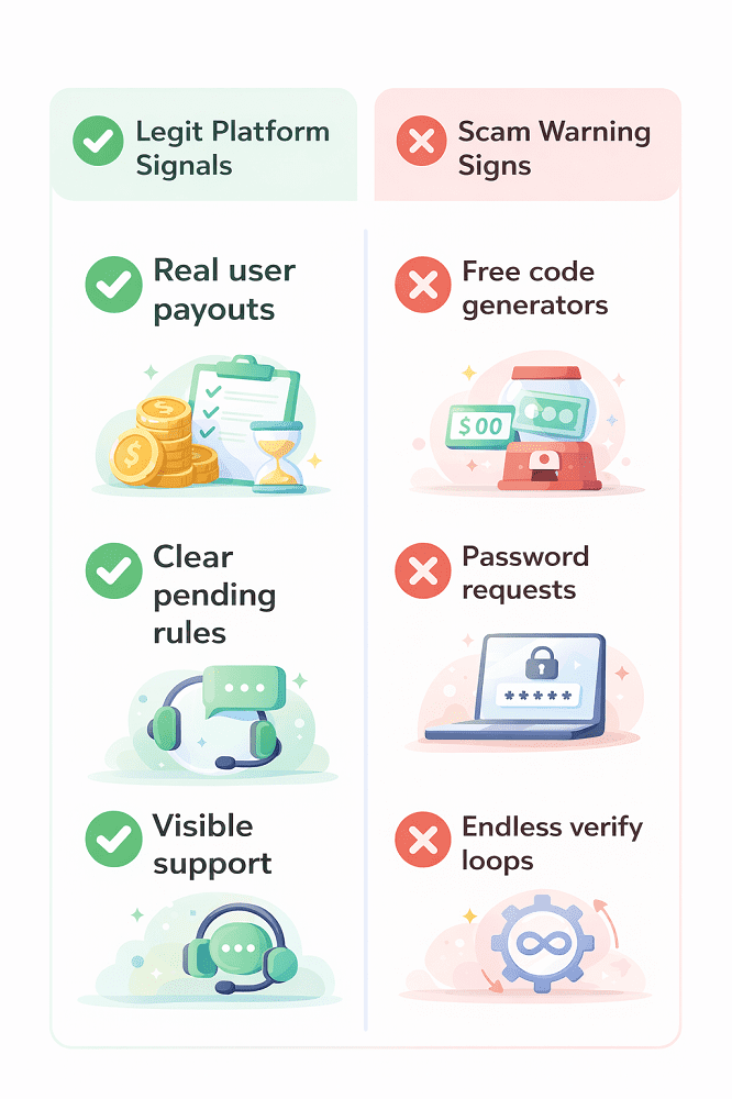 Side-by-side comparison chart showing legitimate rewards app signals (real user payouts, clear pending rules, visible support) with green checkmarks versus scam warning signs (free code generators, password requests, endless verify loops) with red X marks