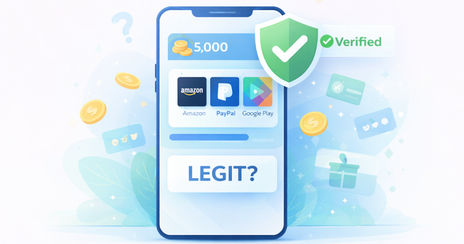 Illustration of a smartphone displaying a rewards app interface with point balance and gift card redemption options, overlaid with a green verification checkmark badge