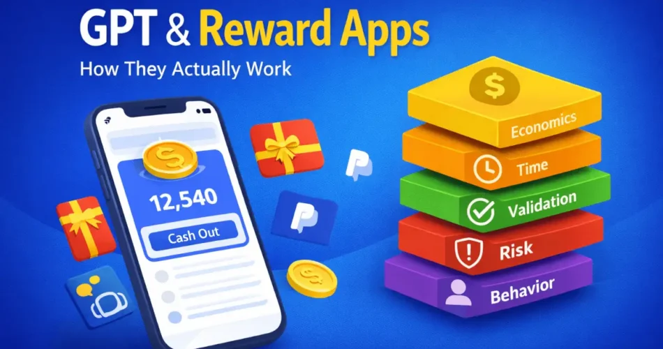 Illustration of a GPT reward app showing coins and cashout options