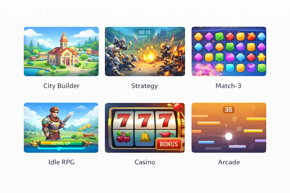 Grid of six mobile game genre examples including city-builder, strategy, match-3 puzzle, idle RPG, casino-style, and arcade games