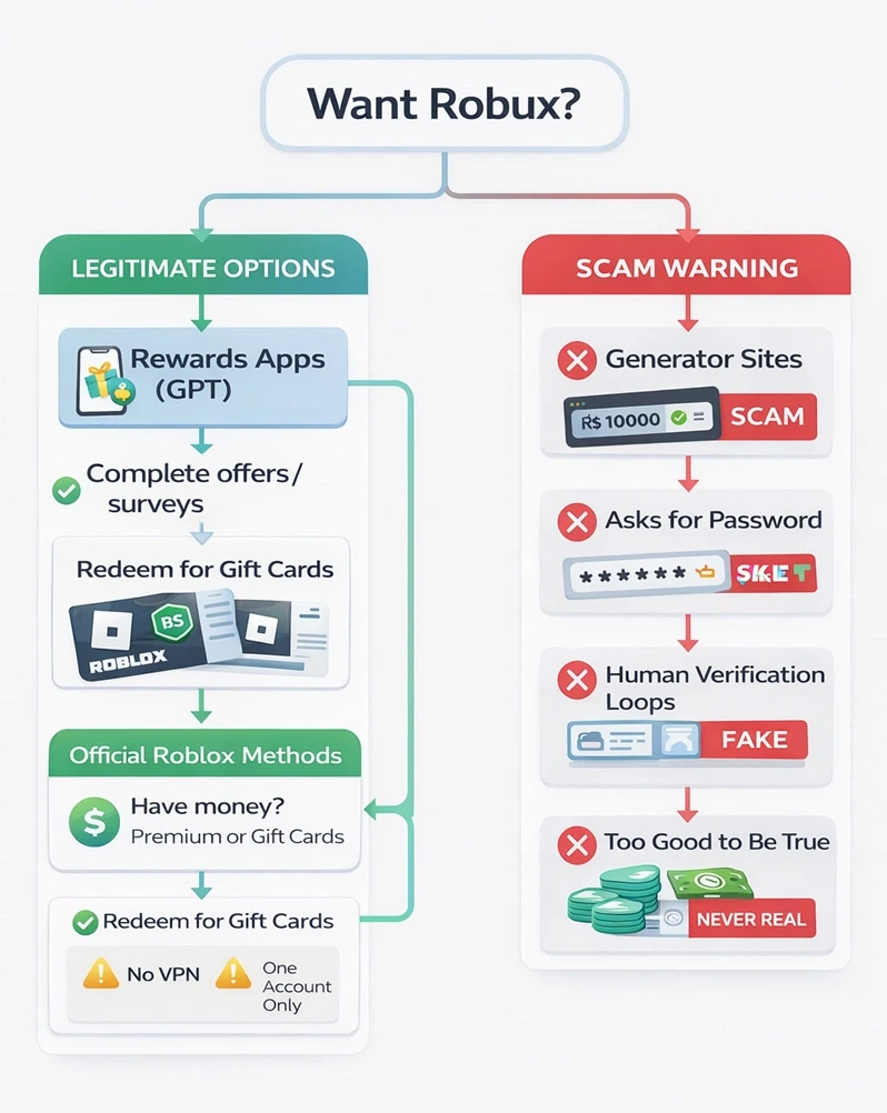 Flowchart showing legitimate Robux earning paths versus common scam warning signs