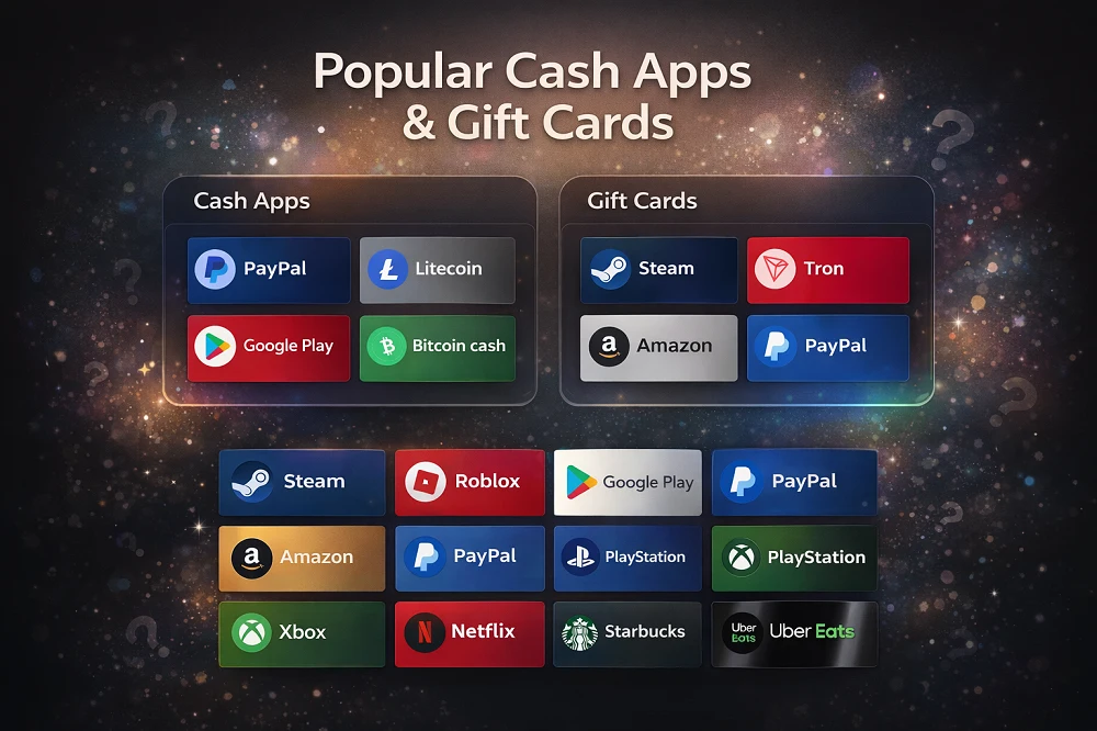Grid of gift card icons including Steam, Roblox, Google Play, Amazon, PayPal, PlayStation, Xbox, Netflix, Starbucks, and Uber Eats organized by use case categories