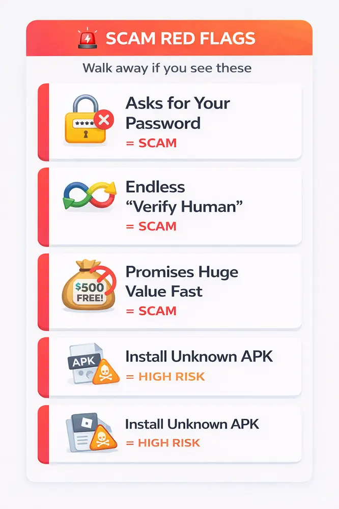Warning signs graphic showing common scam tactics like password requests and human verification loops