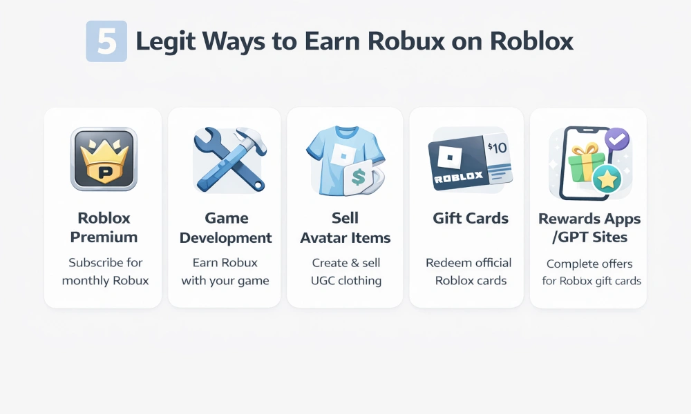 Infographic showing five legitimate Roblox methods: Premium, game development, selling items, DevEx, and gift cards