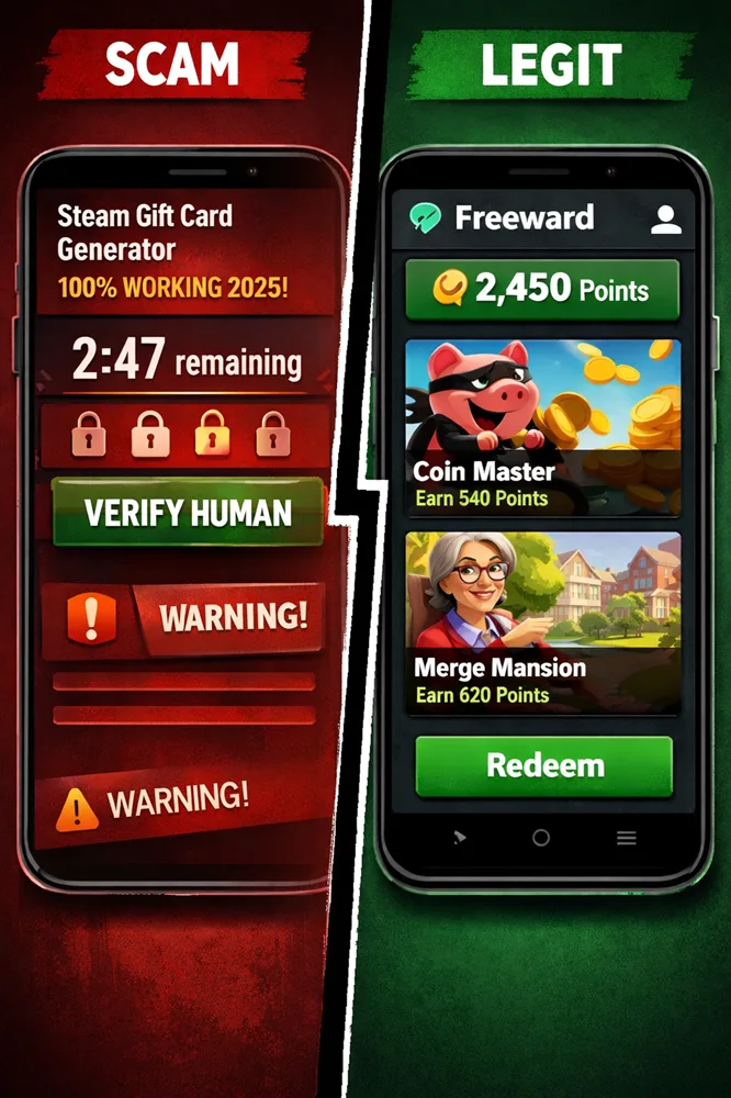 Comparison image showing fake Steam gift card generator scam site versus legitimate Freeward rewards platform interface